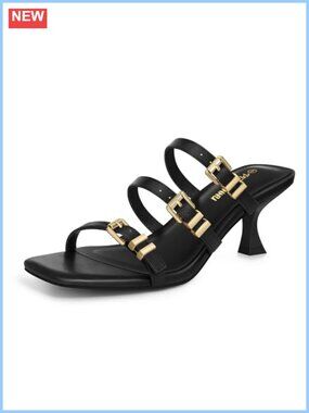 Kitten Heel Square Open Toe Slip-On Mules with Three Buckle Straps